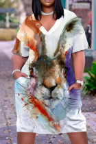 Laranja Roxo Vestido casual estampado patchwork com decote em V