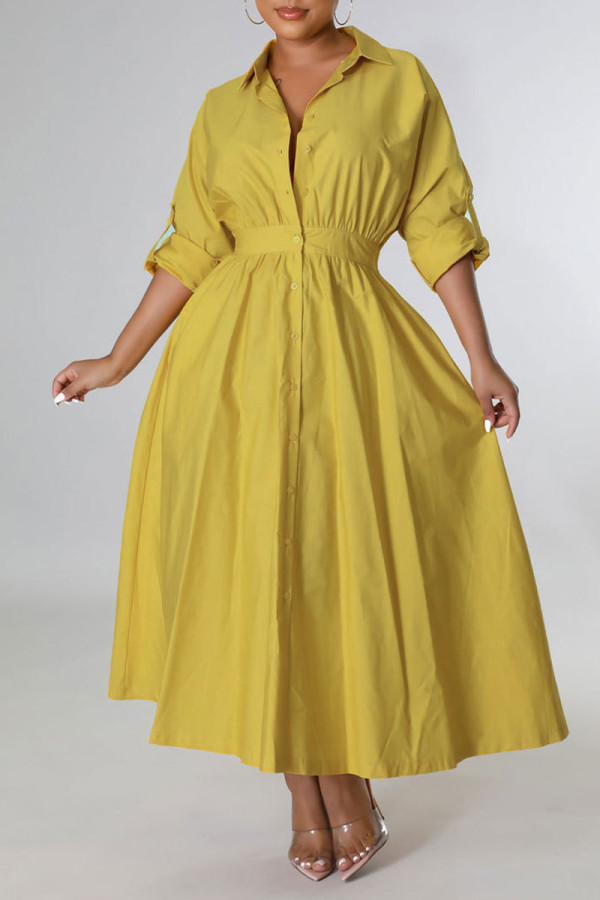 Желтое повседневное однотонное платье-рубашка в стиле пэчворк с отложным воротником и пряжкой Платья Платья