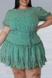 Falda de pastel con cuello en O de patchwork con estampado informal verde Vestidos de talla grande