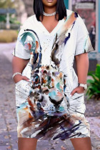 Kleur casual print patchwork jurk met V-hals en print