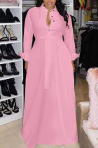 Розовые повседневные однотонные платья в стиле пэчворк с отложным воротником и пряжкой