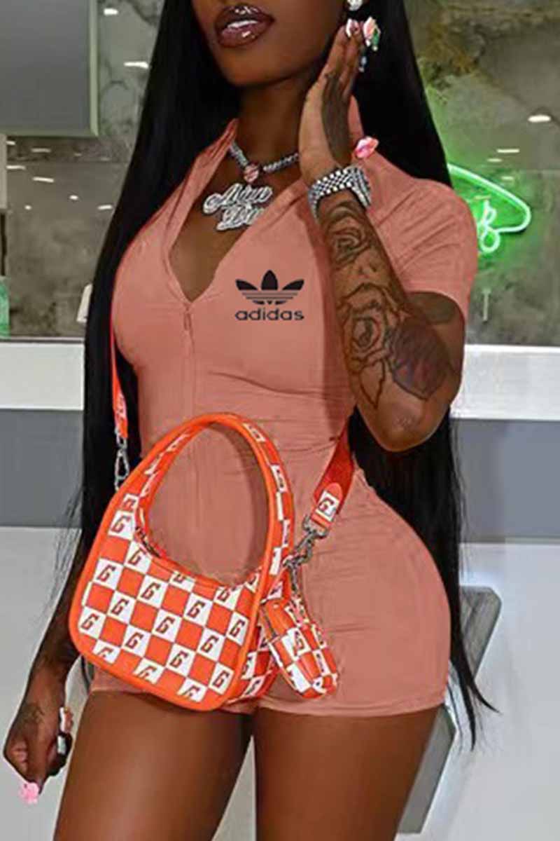 

Pink Street Print Letter Zipper Collar Jumpsuits