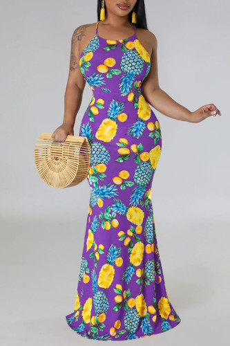 Purple Sexy Print Patchwork Backless Trumpet Mermaid Dresses