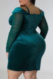 Зеленые сексуальные повседневные однотонные лоскутные платья с открытыми плечами и длинными рукавами больших размеров