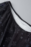 ブラック ピンク スイート エレガント プリント パッチワーク 非対称 斜めカラー ドレス