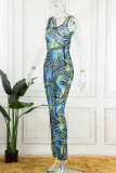 Blå Sexig Print Patchwork Genomskinlig U-hals Skinny Jumpsuits