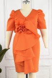 Oranje Rode Elegante Solide Patchwork Applicaties V-hals Avondjurk Plus Size Jurken