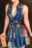 Синее сексуальное платье с принтом и отложным воротником, платье без рукавов, платья