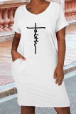 Witte casual letterprint Basic O-hals jurk met korte mouwen Grote maten jurken