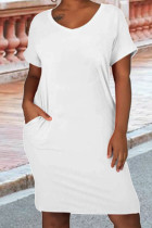 ホワイト カジュアル レタープリント ベーシック Oネック 半袖ドレス プラスサイズドレス