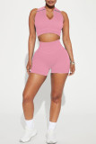 Pink Sexy Street Solid Patchwork Turndown Collar Sleeveless Two Pieces