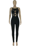 Brownness Sexy solide évidé Patchwork Spaghetti Strap Skinny Jumpsuits
