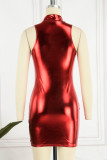 Röda Sexiga Solid Basic Turtleneck ärmlösa klänningar