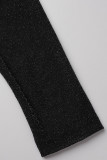 Vestidos pretos casuais sólidos patchwork transparente gola oblíqua reta plus size