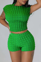 Зеленый Повседневная спортивная одежда Однотонный Пэчворк О-образный вырез С короткими рукавами Из двух частей