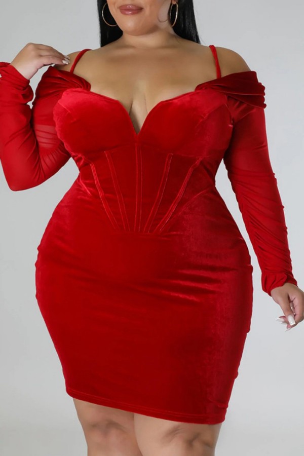 Rojo sexy casual sólido patchwork fuera del hombro manga larga vestidos de talla grande