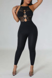 Brownness Sexy solide évidé Patchwork Spaghetti Strap Skinny Jumpsuits