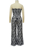 Blue Sexy Print Patchwork Fold Strapless Straight Jumpsuits