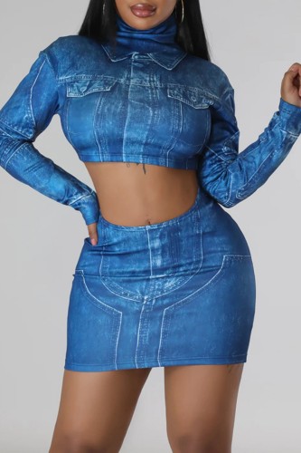 Blue Casual Print Basic Turtleneck Long Sleeve Two Pieces
