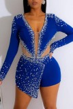 Bleu Sexy Patchwork Hot Drilling See-through V Neck Skinny Romper