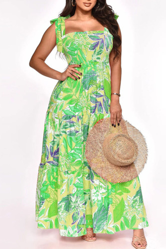 Green Sweet Print Bandage Patchwork Spaghetti Strap Sling Dress Dresses
