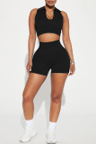 Black Sexy Street Solid Patchwork Turndown Collar Sleeveless Two Pieces