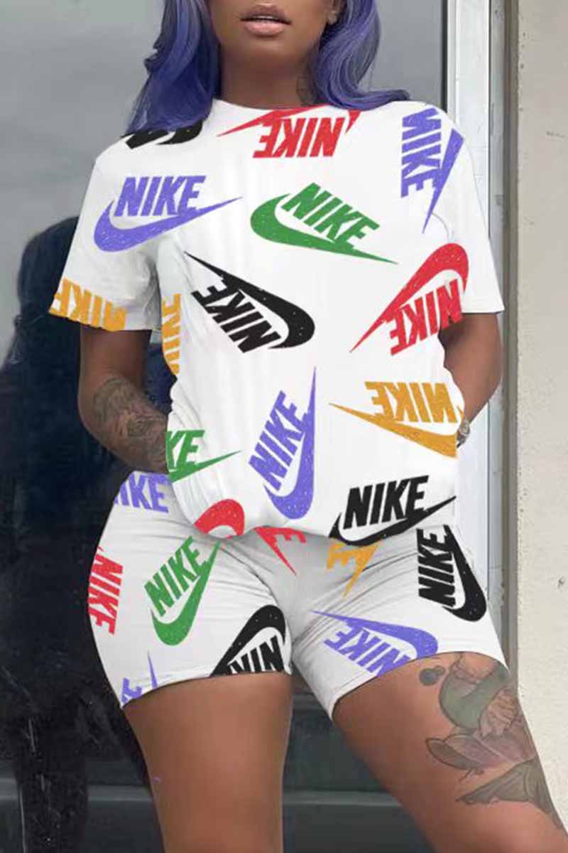 

White Casual Print Letter O Neck Short Sleeve Two Pieces