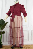 Borgoña casual sólido vendaje patchwork hebilla rebordear cuello vuelto recto vestidos de talla grande