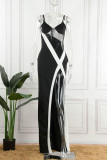 Черное сексуальное однотонное платье в стиле пэчворк с прозрачным разрезом на тонких бретелях