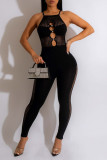 Brownness Sexy Solid Hollowed Out Patchwork Spaghetti Strap Skinny Jumpsuits