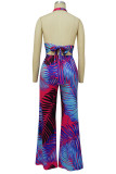 Rose Red Sexy Print Patchwork Neckholder Straight Jumpsuits
