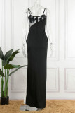 Черное сексуальное однотонное платье в стиле пэчворк с прозрачным разрезом на тонких бретелях