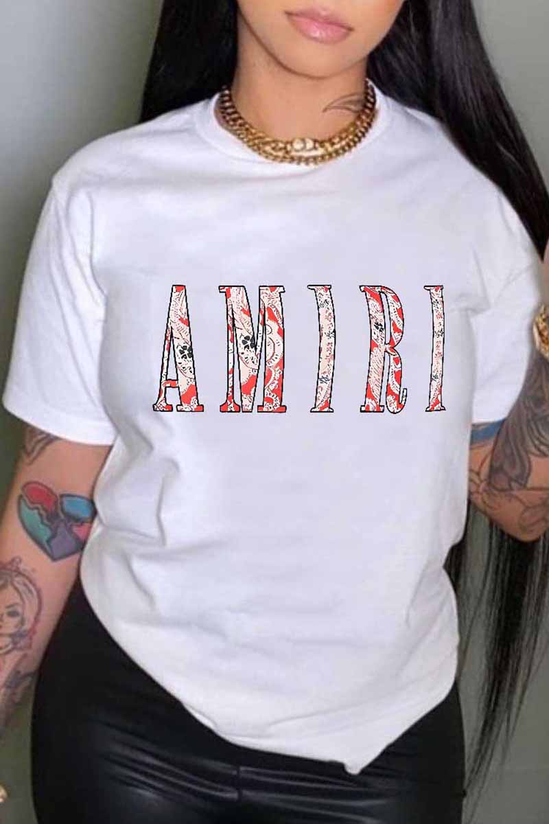 

White Casual Print Letter O Neck T-Shirts