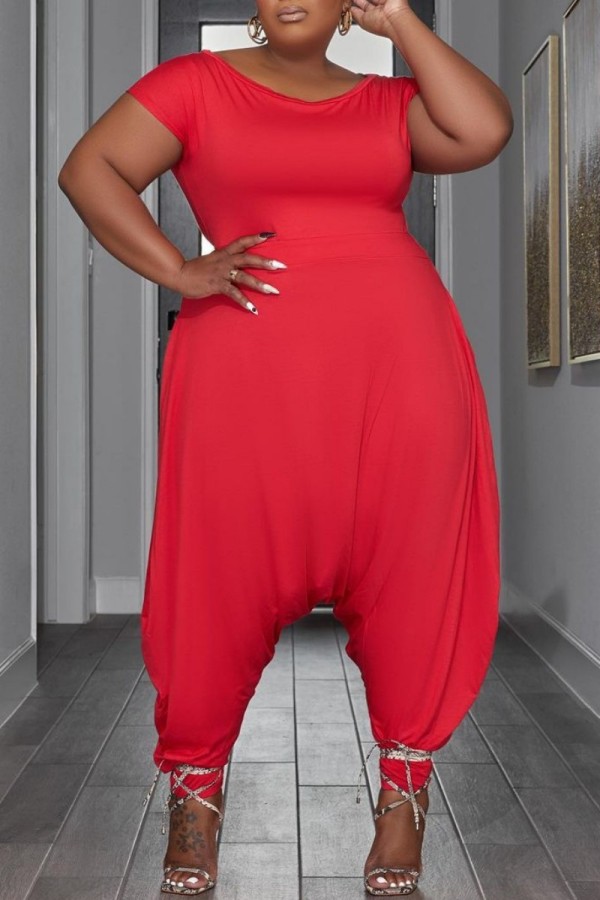 Combinaisons casual solide basique col rond grande taille rouge