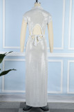 ホワイト セクシー ソリッド バンデージ 中空 タートルネック ロングドレス ドレス