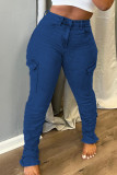 Jeans de mezclilla de cintura alta con bolsillo de patchwork sólido casual azul claro