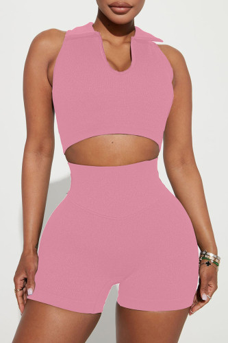 Pink Sexy Street Solid Patchwork Turndown Collar Sleeveless Two Pieces
