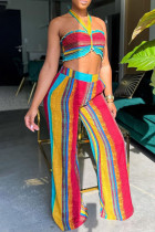 Multicolor Rainbow Sexy Print Patchwork Sleeveless Two Pieces Halter Crop Tops And Wide Leg Pants Sets