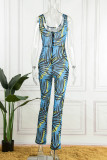 Blå Sexig Print Patchwork Genomskinlig U-hals Skinny Jumpsuits