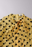 Amarelo casual elegante impressão polka dot retalhos transparente dobra fita colar reto vestidos tamanhos grandes