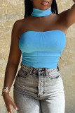 Sky Blue Sexy Street Solid Patchwork Halter Tops