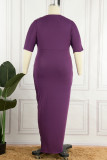 Фиолетовое повседневное однотонное лоскутное асимметричное платье с V-образным вырезом Платья больших размеров