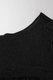 Vestidos pretos casuais sólidos patchwork transparente gola oblíqua reta plus size