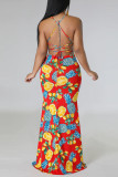 Red Sexy Print Patchwork Backless Trumpet Mermaid Dresses
