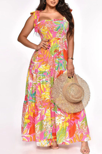 Pink Sweet Print Bandage Patchwork Spaghetti Strap Sling Dress Dresses