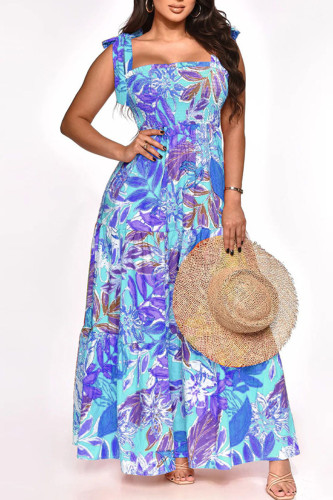 Blue Sweet Print Bandage Patchwork Spaghetti Strap Sling Dress Dresses