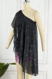 Zwart roze zoete elegante print patchwork asymmetrische schuine kraag jurken