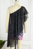 ブラック ピンク スイート エレガント プリント パッチワーク 非対称 斜めカラー ドレス