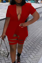Red Sexy Solid Ripped Turndown Collar Short Sleeve Two Pieces Blazer Tops And Shorts Set