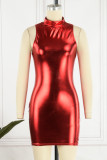 Красное сексуальное однотонное базовое платье без рукавов с водолазкой Платья